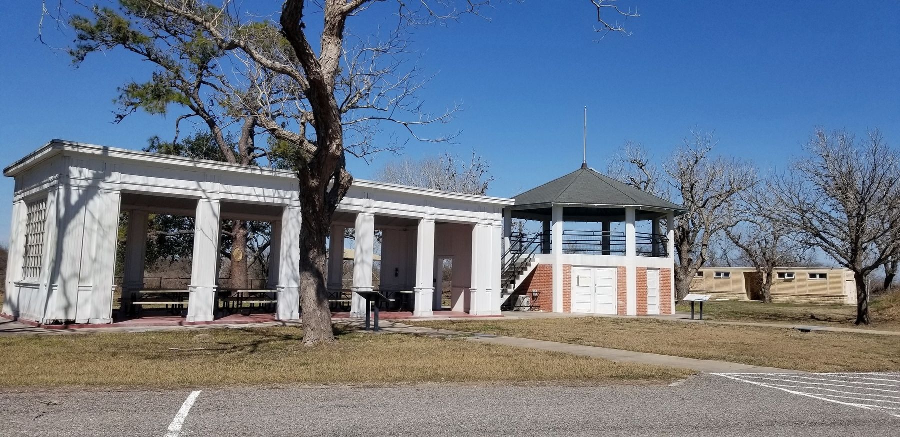 The pavilion with the Centennial Marker in front and the bandstand on the right image. Click for full size.