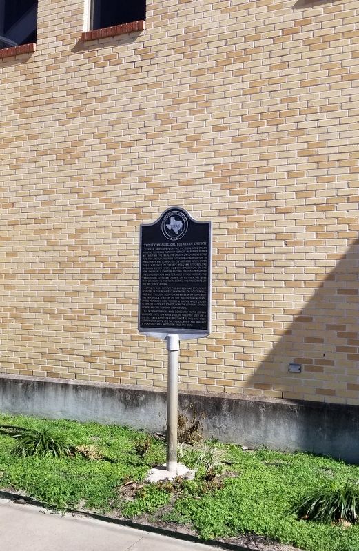 The Trinity Evangelical Lutheran Church Marker next to the church image. Click for full size.
