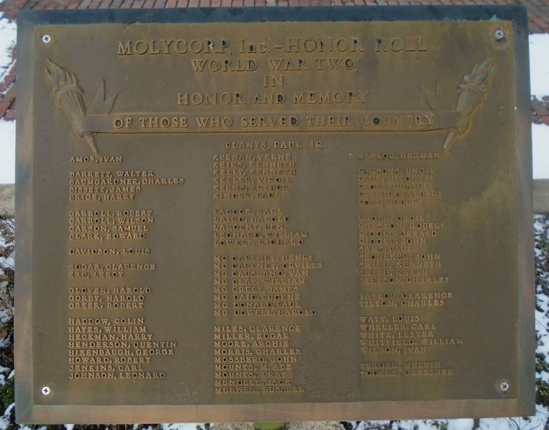 Molycorp, Inc. - World War Two Honor Roll Marker. Click for full size. Molycorp, Inc. - World War Two Honor Roll Marker image. Click for full size.