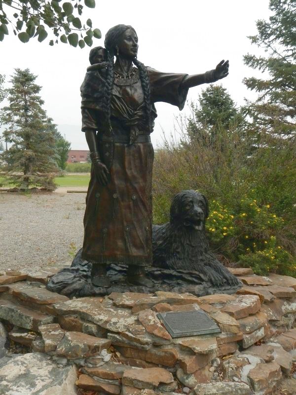 Sacajawea, "Pomp" and Seaman Sculpture and Marker image. Click for full size.