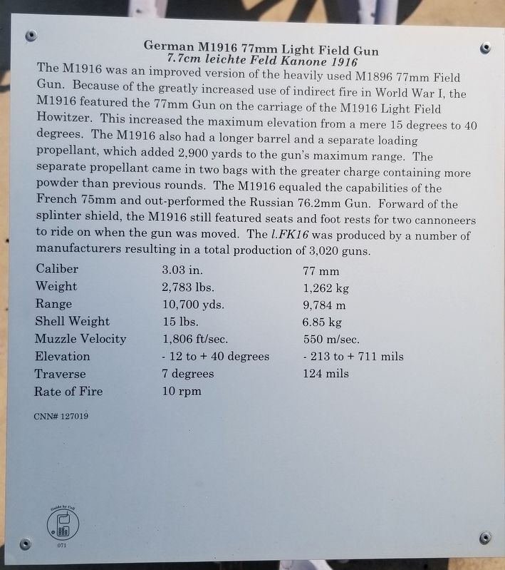 German M1916 77mm Light Field Gun Marker. Click for full size. German M1916 77mm Light Field Gun Marker image. Click for full size.