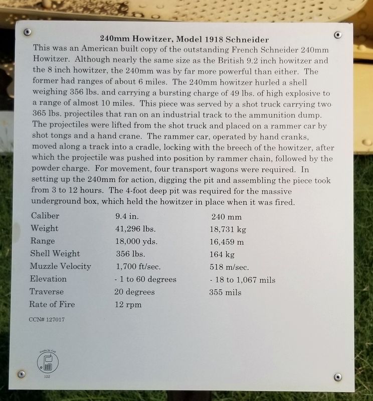 240mm Howitzer, Model 1918 Schneider Marker. Click for full size. 240mm Howitzer, Model 1918 Schneider Marker image. Click for full size.