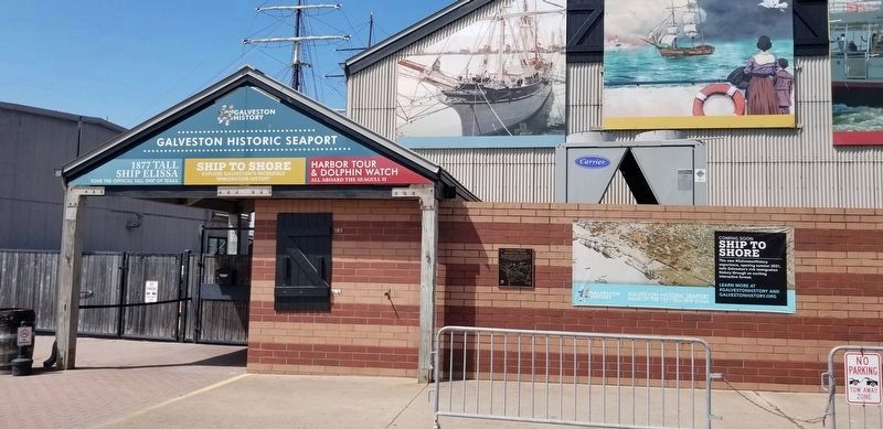 The front entrance to the Galveston Historic Seaport build with the marker on the right side image. Click for full size.
