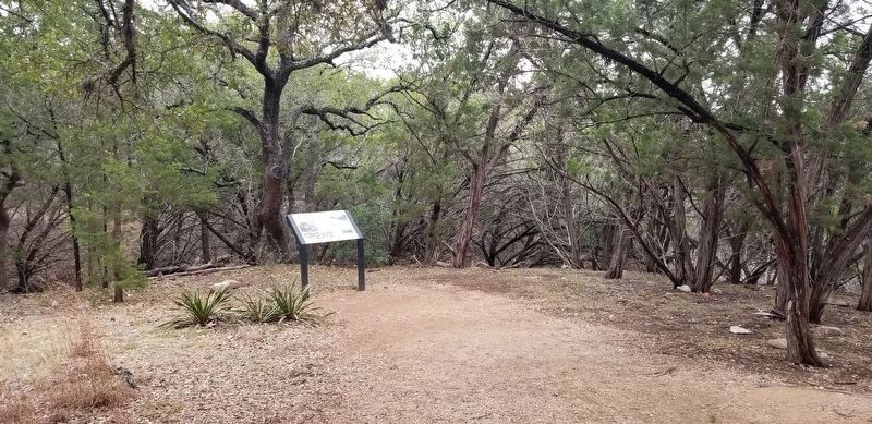 The view of the Jacob's Well Natural Area Marker as approaching from the trail image. Click for full size.