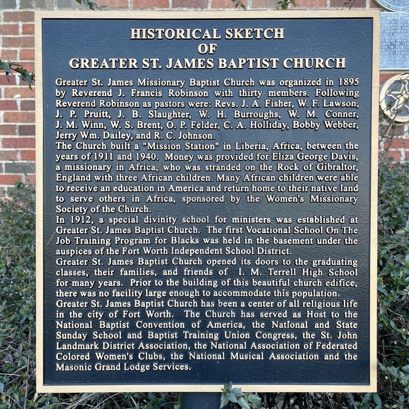 Historical Sketch of Greater St. James Baptist Church Marker. Click for full size. Historical Sketch of Greater St. James Baptist Church Marker image. Click for full size.