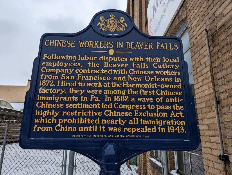 Chinese Workers in Beaver Falls Marker image. Click for full size.