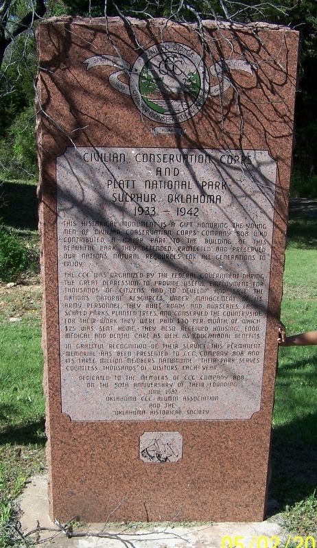 Civilian Conservation Corps and Platt National Park Marker image. Click for full size.