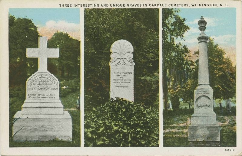 <i>Three Interesting and Unique Graves in Oakdale Cemetery, Wilmington, N.C.</i> postcard image. Click for full size.