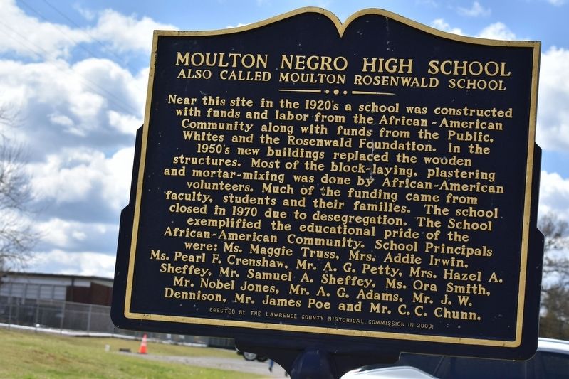 Moulton Negro High School Marker backside image. Click for full size.