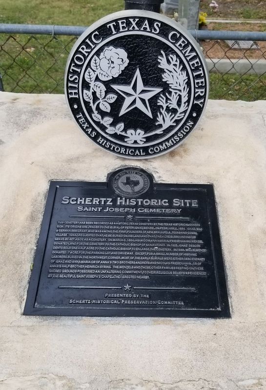 The Saint Joseph Cemetery Marker with a Texas Historic plaque image. Click for full size.