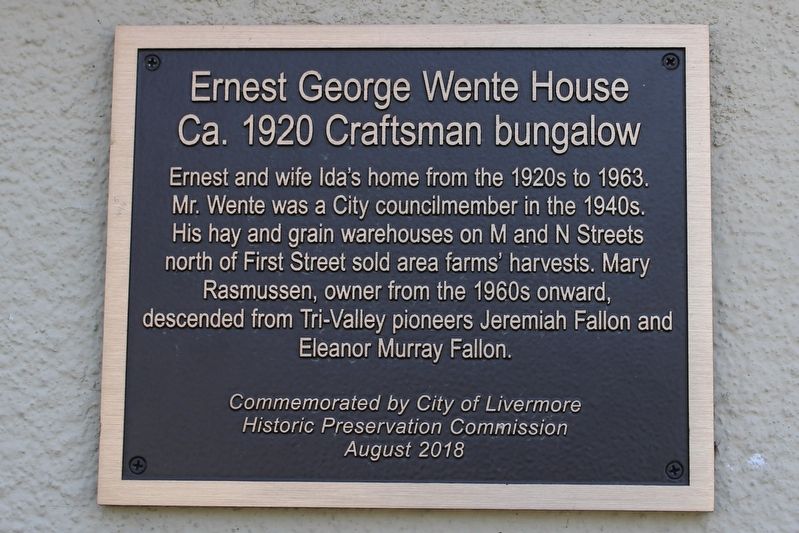 Ernest George Wente House Marker image. Click for full size.