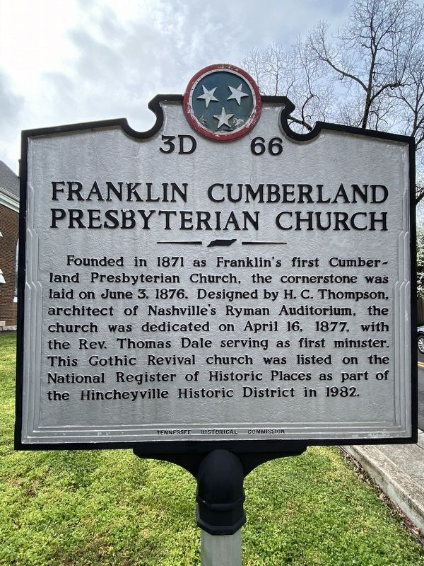 Franklin Cumberland Presbyterian Church Marker. Click for full size. Franklin Cumberland Presbyterian Church Marker image. Click for full size.