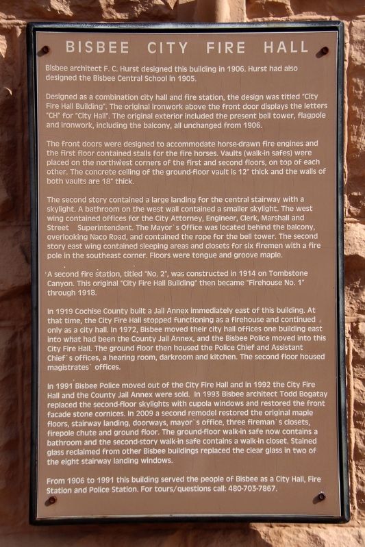 Bisbee City Fire Hall Marker image. Click for full size.