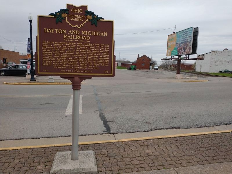 Dayton and Michigan Railroad Marker with the depot in the background. image. Click for full size.