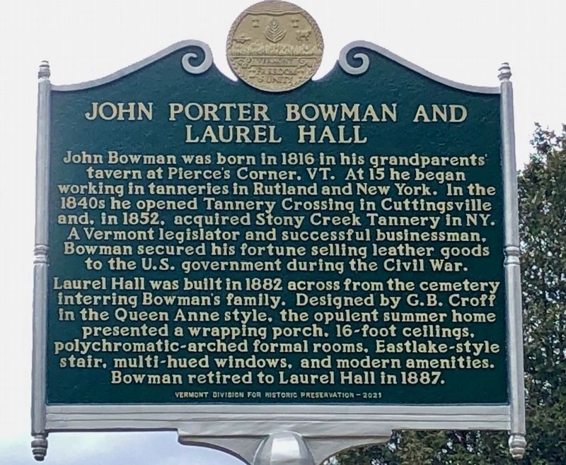 John Porter Bowman and Laurel Hall Marker. Click for full size. John Porter Bowman and Laurel Hall Marker image. Click for full size.