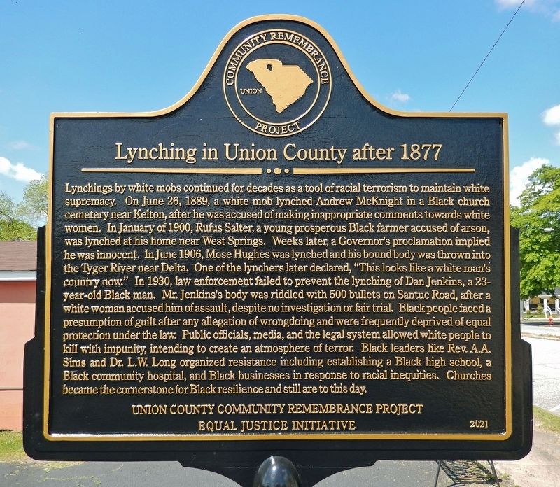 Lynching in Union County after 1877<br>(<i>east side of marker</i>) image, Touch for more information