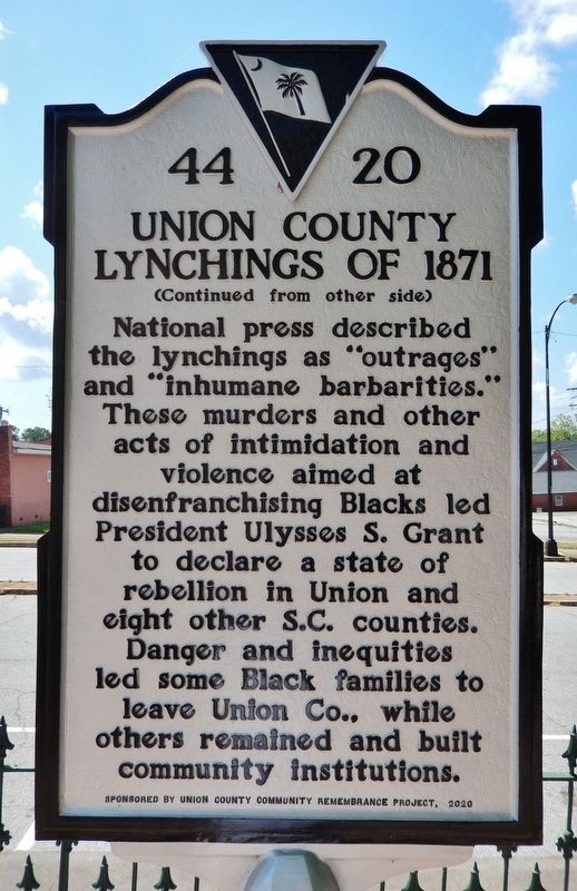 Union County Lynchings of 1871 Marker (<i>side 2</i>) image. Click for full size.