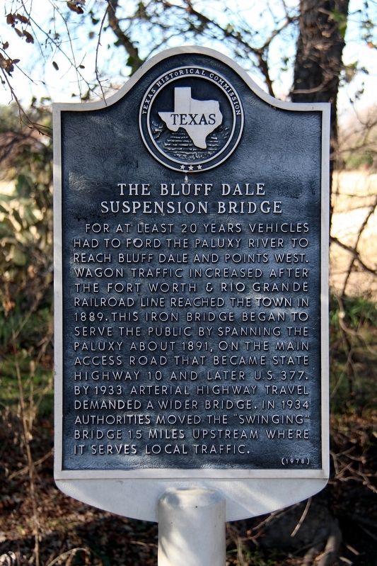 The Bluff Dale Suspension Bridge Marker. Click for full size. The Bluff Dale Suspension Bridge Marker image. Click for full size.