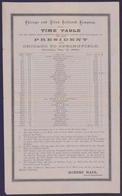 Time Table for the Special Train, Chicago to Springfield image. Click for full size.