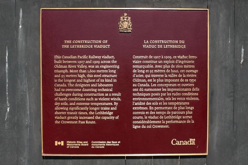 The Construction of the Lethbridge Viaduct / La construction du Viaduc de Lethbridge Marker. Click for full size. The Construction of the Lethbridge Viaduct / La construction du Viaduc de Lethbridge Marker image. Click for full size.