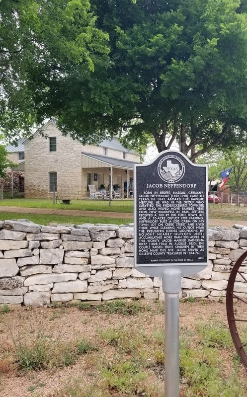 The Jacob Neffendorf Marker in front of a pioneer home image. Click for full size.