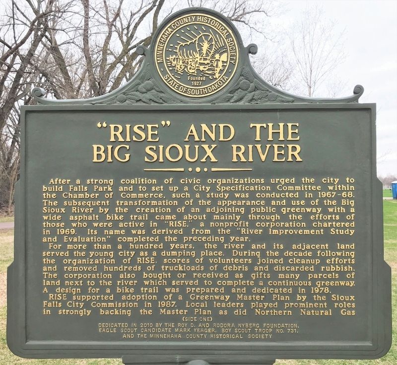 "RISE" and the Big Sioux River Marker <i>(Side one)</i> image. Click for full size.