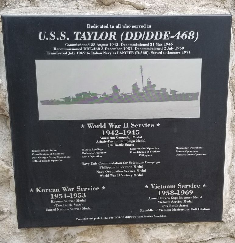 <i>U.S.S. Taylor (DD/DDE-468)</i> Marker image. Click for full size.