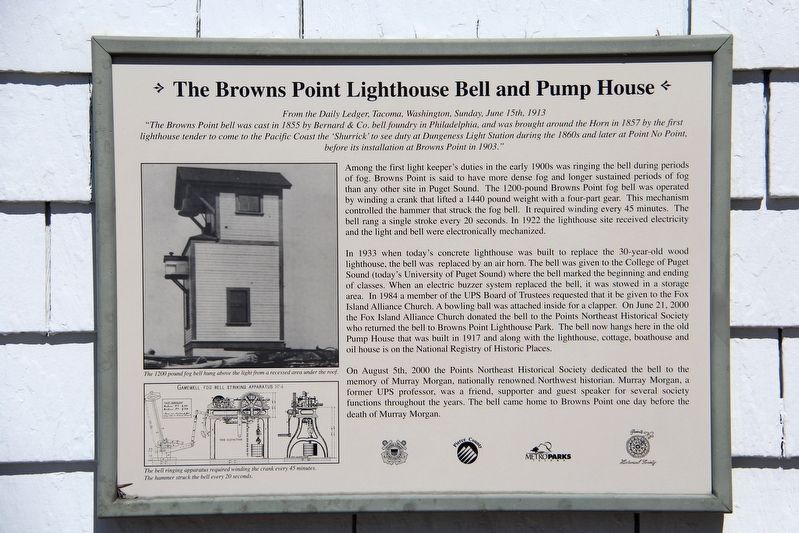 The Browns Point Lighthouse Bell and Pump House Marker image. Click for full size.