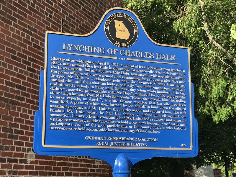 Lynching of Charles Hale Marker Side image. Click for full size.
