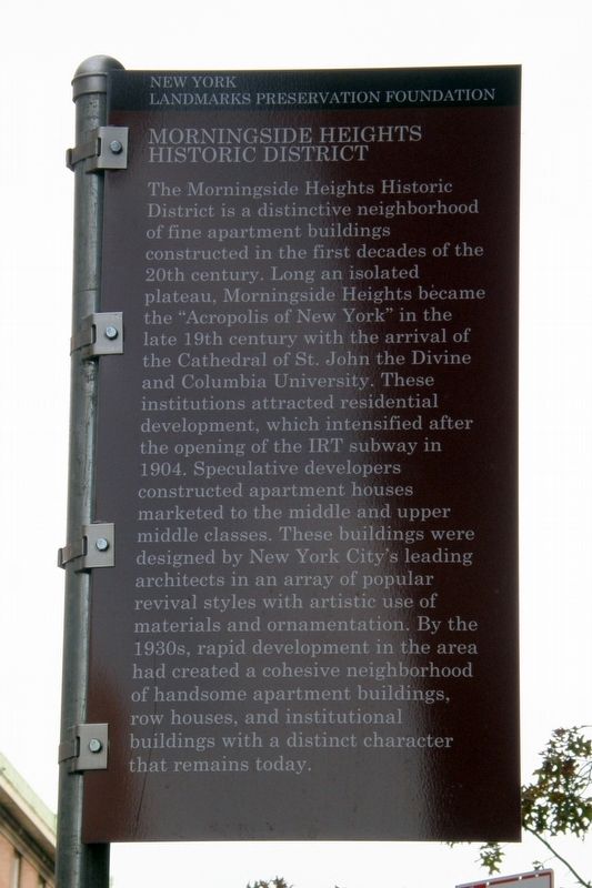 Morningside Heights Historic District Marker, text side. Click for full size. Morningside Heights Historic District Marker, text side image. Click for full size.