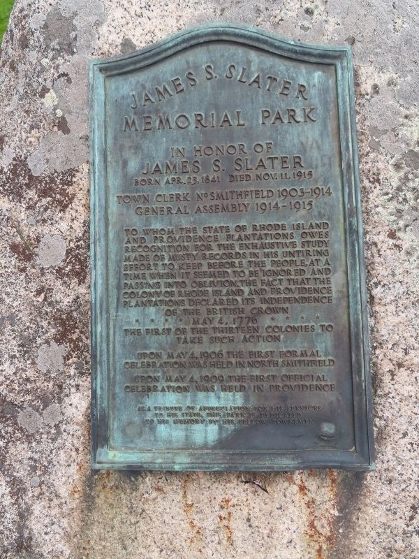 James S. Slater Memorial Park Marker. Click for full size. James S. Slater Memorial Park Marker image. Click for full size.