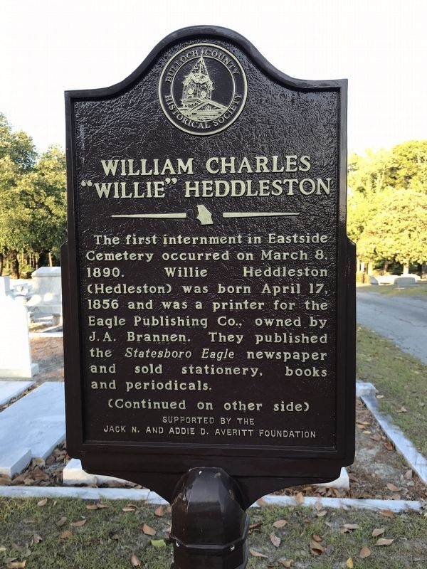 William Charles “Willie” Heddleston Marker (side A) image. Click for full size.