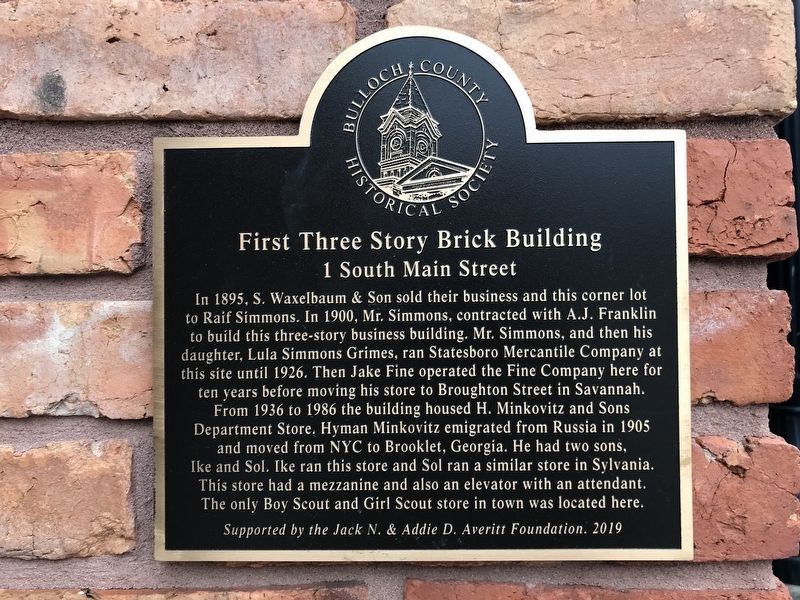 First Three Story Brick Building Marker image. Click for full size.
