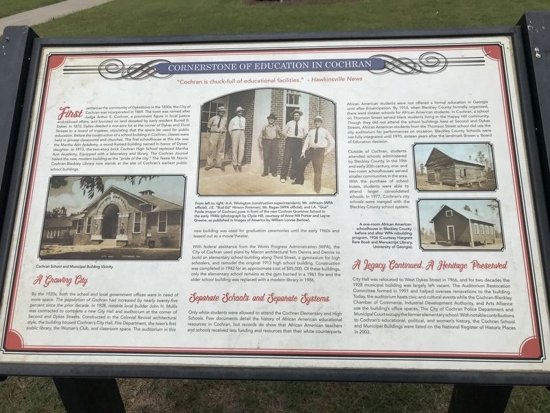 Cornerstone of Education in Cochran Marker. Click for full size. Cornerstone of Education in Cochran Marker image. Click for full size.