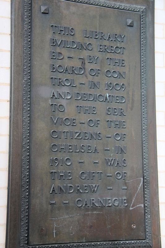 Chelsea Public Library Marker (left plaque) image. Click for full size.