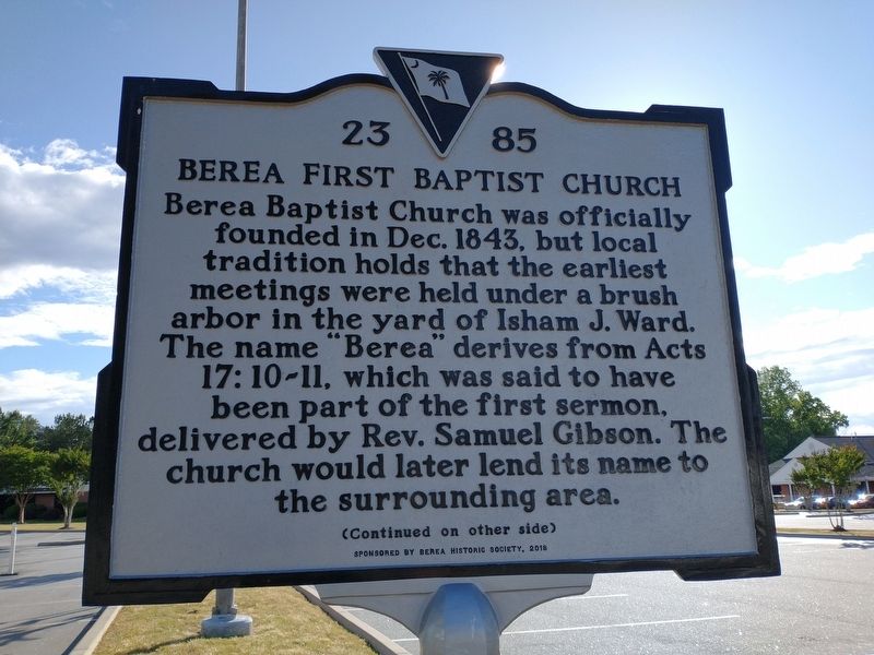 Berea First Baptist Church Marker (Front) image. Click for full size.