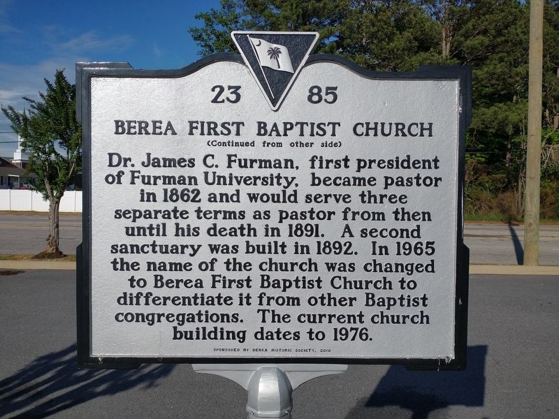 Berea First Baptist Church Marker (Back) image. Click for full size.