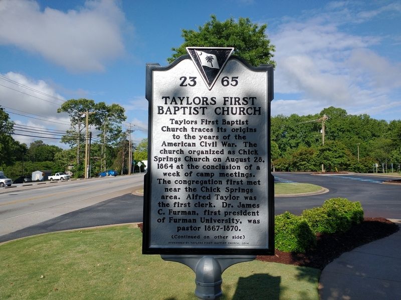 Taylors First Baptist Church Marker (Front) image. Click for full size.