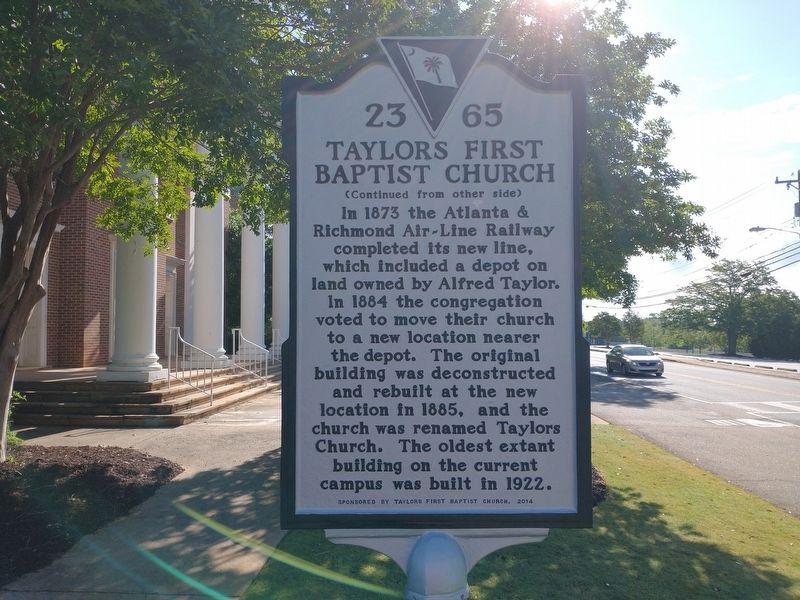 Taylors First Baptist Church Marker (Back). Click for full size. Taylors First Baptist Church Marker (Back) image. Click for full size.