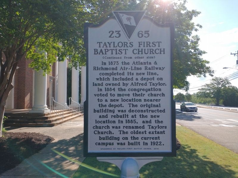 Taylors First Baptist Church Marker (Back) image. Click for full size.