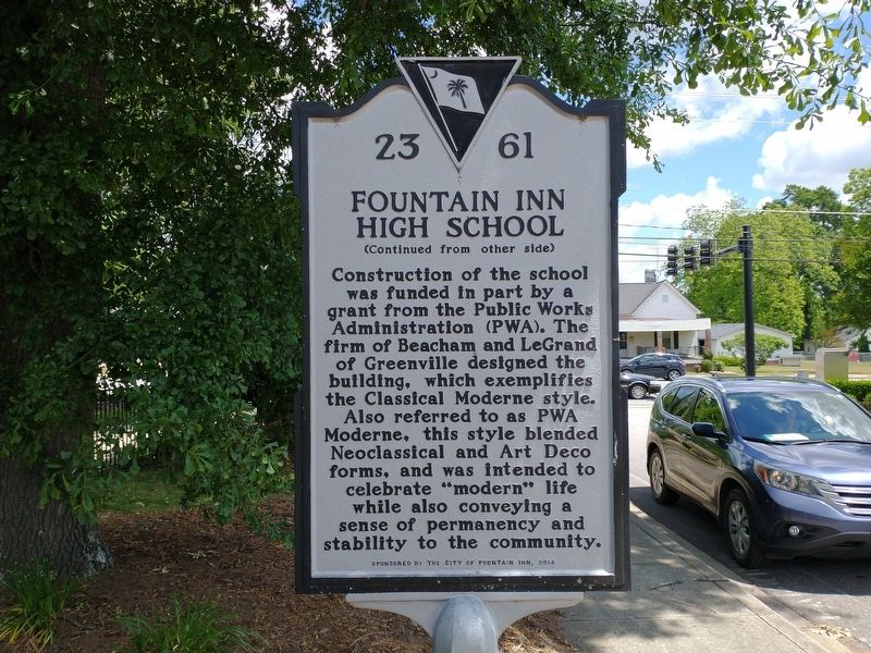 Fountain Inn High School Marker (Back) image. Click for full size.