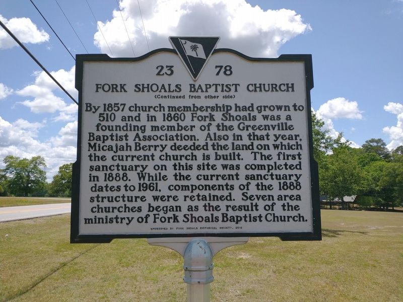 Fork Shoals Baptist Church Marker (Back). Click for full size. Fork Shoals Baptist Church Marker (Back) image. Click for full size.