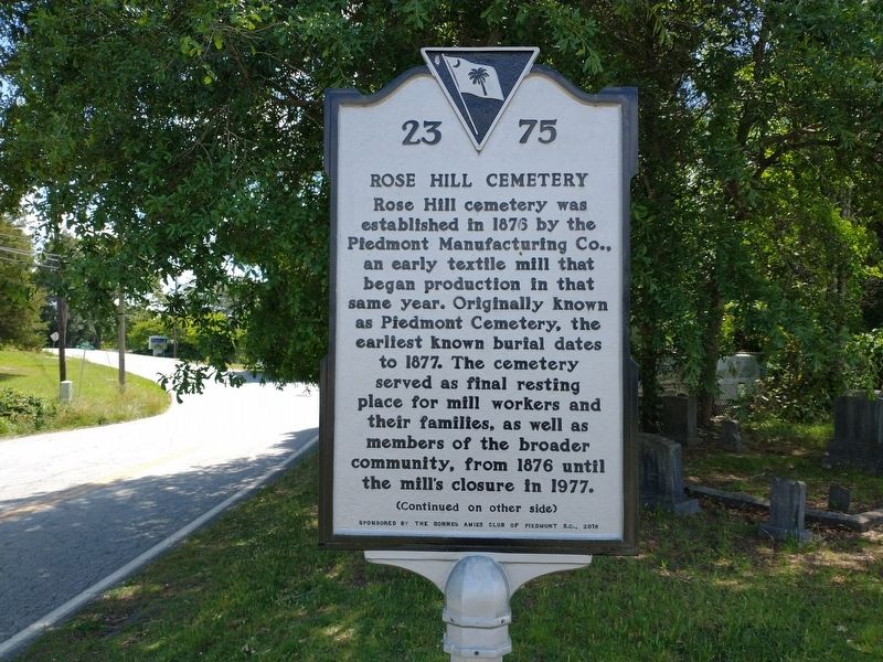 Rose Hill Cemetery Marker (Front) image. Click for full size.