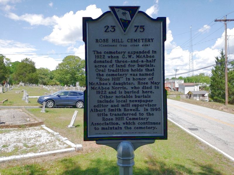 Rose Hill Cemetery Marker (Back) image. Click for full size.