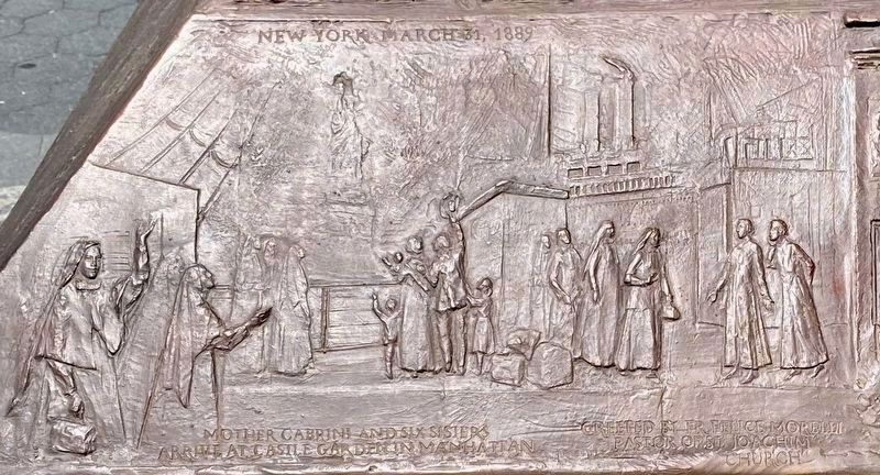 Sculpture base panel: New York City, March 31, 1889 - Mother Cabrini and six sisters. Click for full size. Sculpture base panel: New York City, March 31, 1889 - Mother Cabrini and six sisters image. Click for full size.