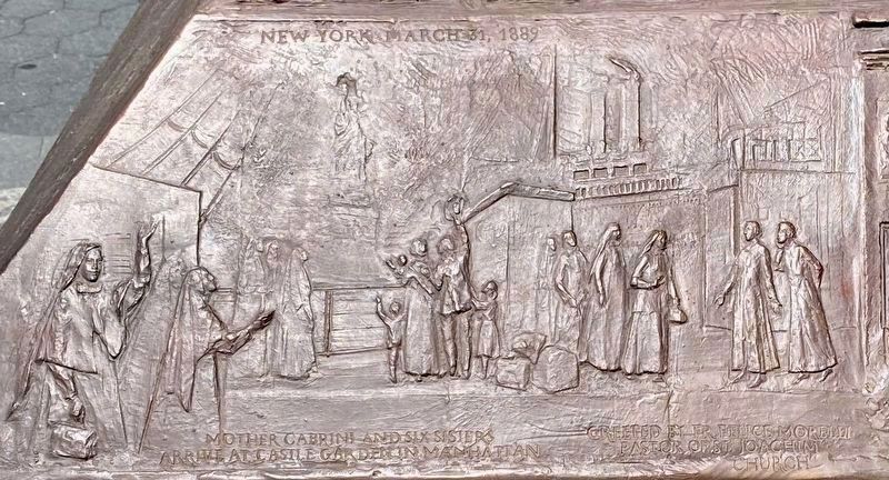 Sculpture base panel: New York City, March 31, 1889 - Mother Cabrini and six sisters image. Click for full size.