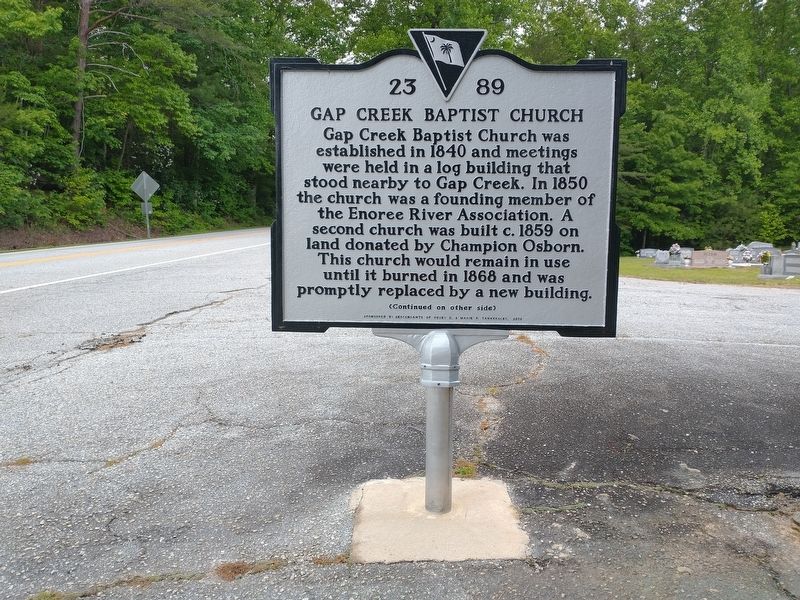 Gap Creek Baptist Church Marker (Front) image. Click for full size.