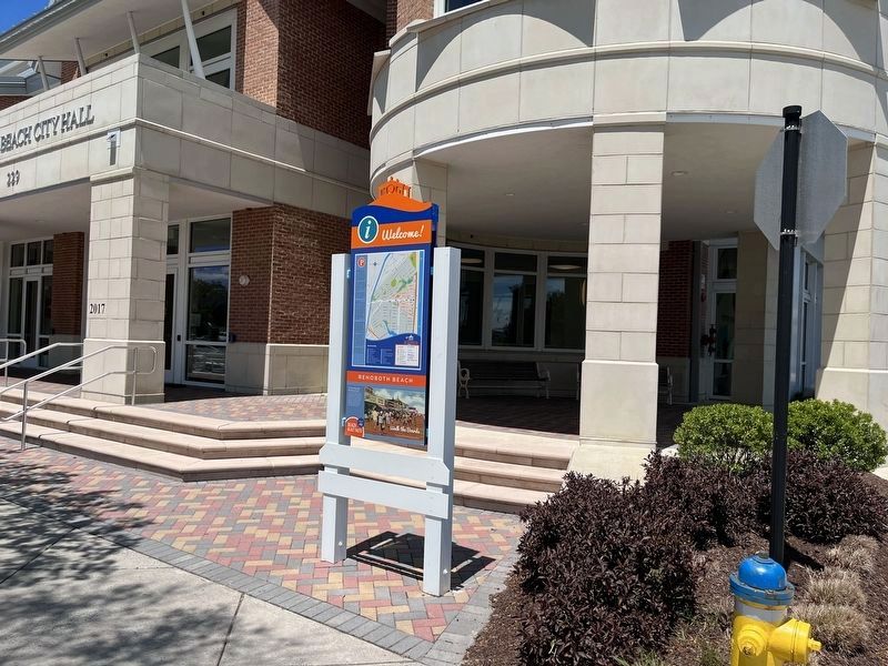 The marker stands in front of Rehoboth Beach City Hall image. Click for full size.