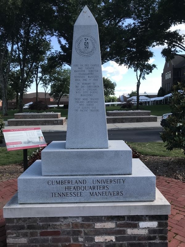 Cumberland University Headquarters Tennessee Maneuvers Marker (back) image. Click for full size.