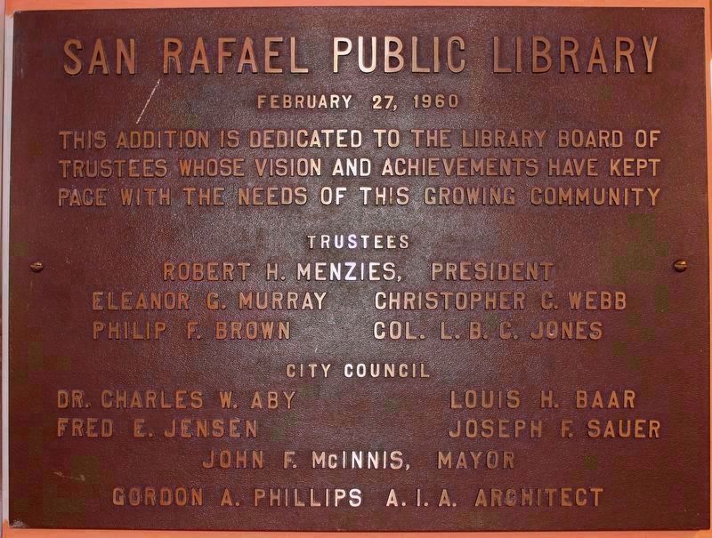 San Rafael Public Library Dedication Plaque image. Click for full size.